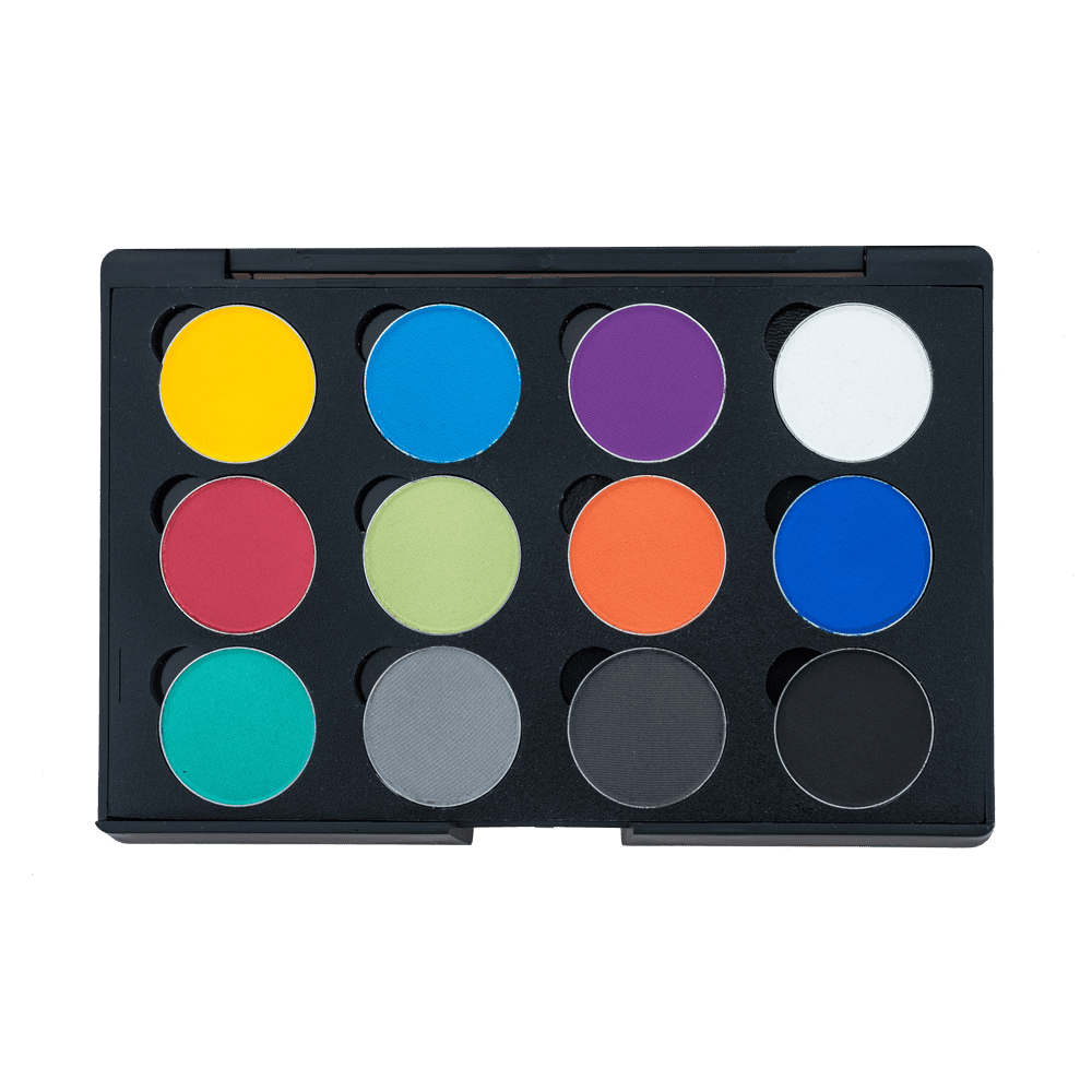 Colorful paint palette with twelve circular pans.